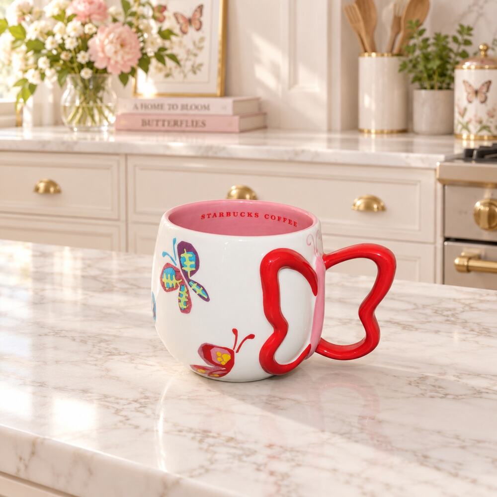 2007 Starbucks Butterfly Coffee Mug With Red Butterfly Shaped Handle 3" Tall